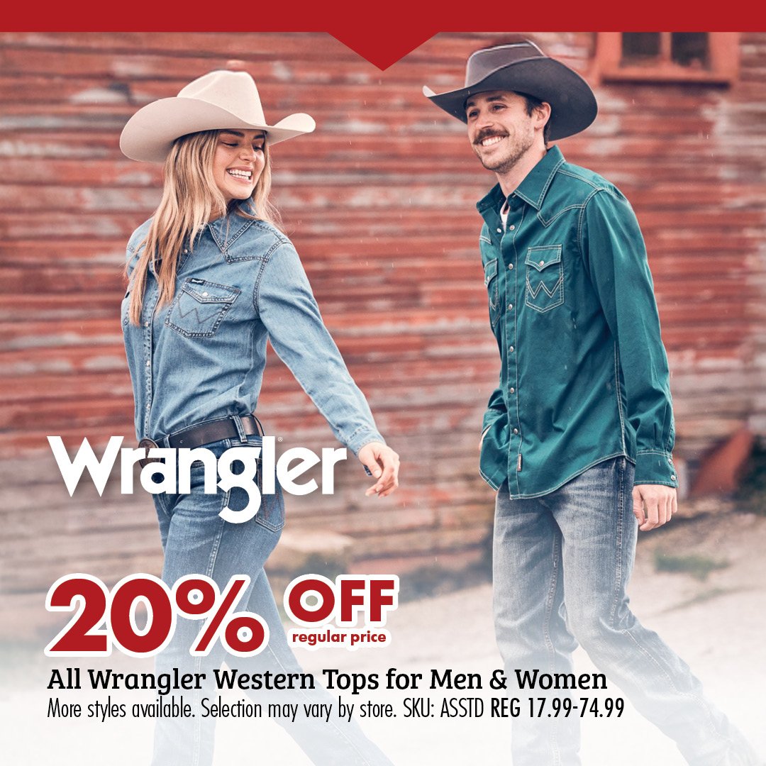 20% OFF regular price All Wrangler Western Tops for Men & Women More styles available. Selection may vary by store. SKU: ASSTD REG 17.99-74.99