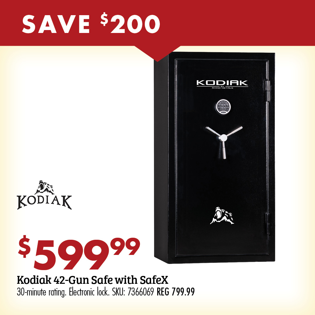 SAVE $200 $599.99 Kodiak 42-Gun Safe with SafeX 30-minute rating. Electronic lock. SKU: 7366069 REG 799.99