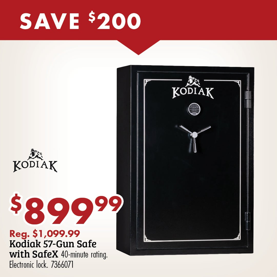 SAVE $200 KODIAK $899.99 Reg. $1,099.99 Kodiak 57-Gun Safe with SafeX 40-minute rating. Electronic lock. 7366071