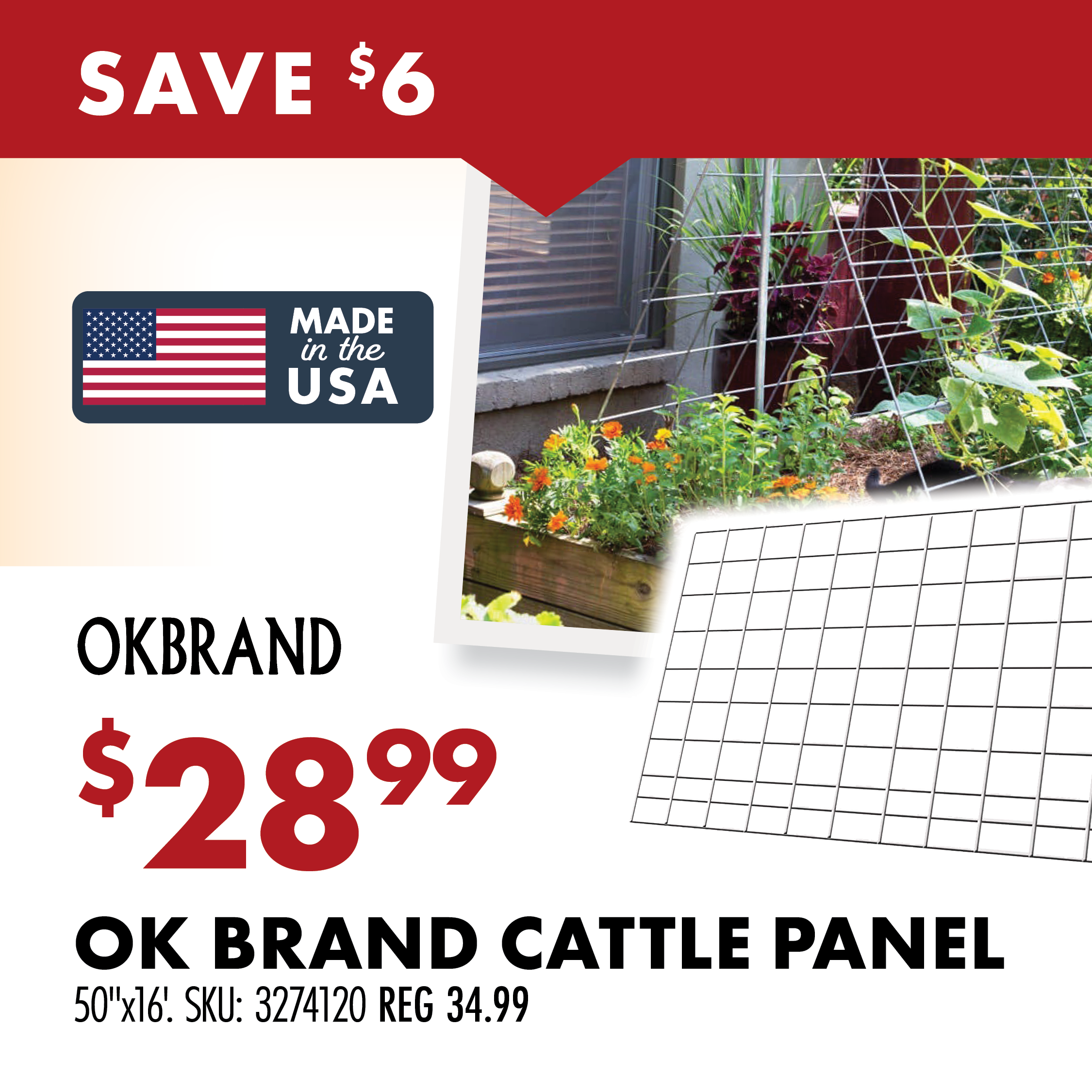 ON SALE! $28.99 OK BRAND CATTLE PANEL 50'X16' SKU: 3274120 REG 29.99