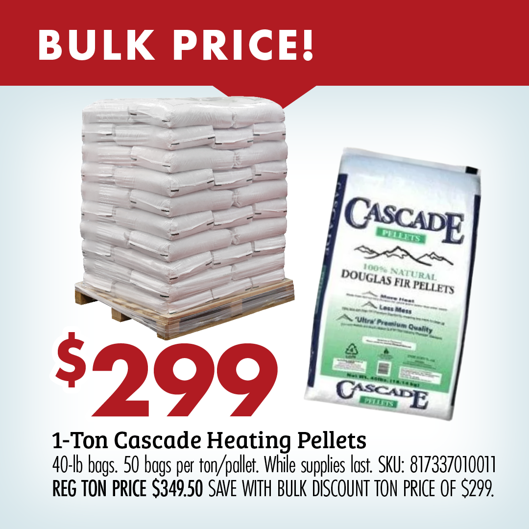 BULK PRICE $299 1-Ton Purcell Heating Pellets 40-lb bags. 50 bags per Ton/pallet. While supplies last. SKU 2971000 REG TON PRICE $349.50 WITH BULK DISCOUNT TON PRICE OF $299