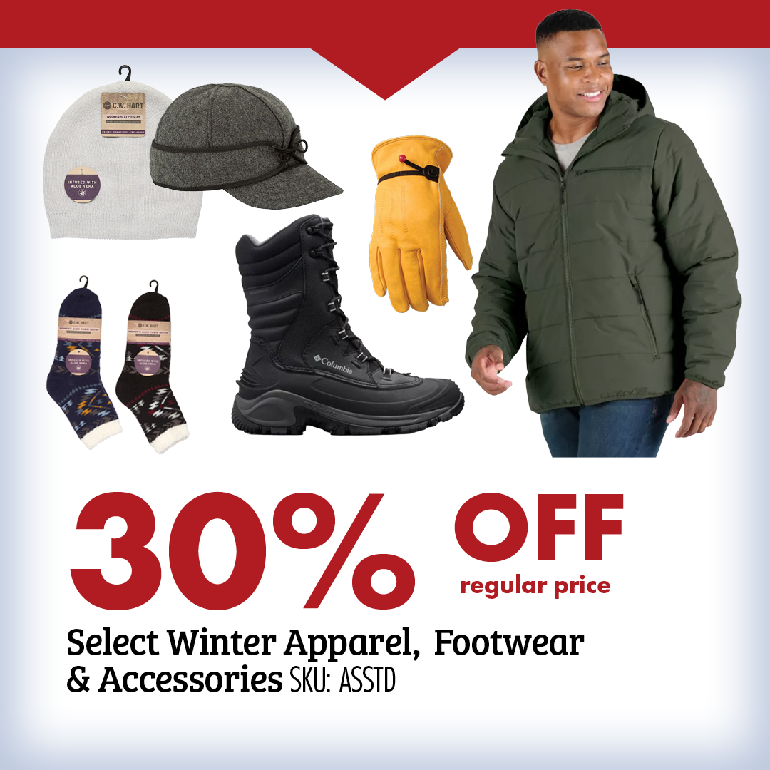 30% OFF Select Winter Apparel, Footwear, & Accessories SKU ASSTD