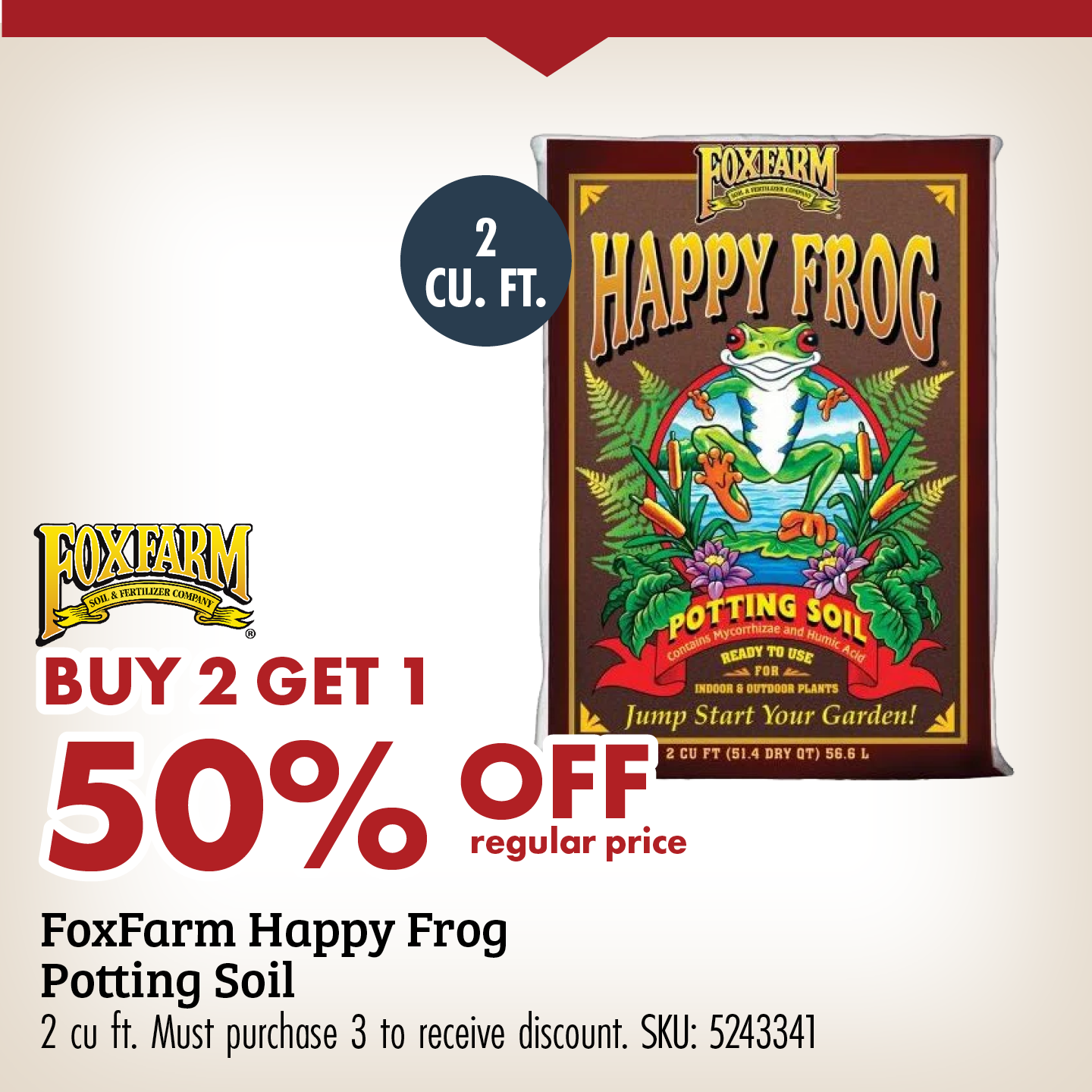 BUY 2 GET 1 50% OFF regular price FoxFarm Happy Frog Potting Soil 2 cu ft. Must purchase 3 to receive discount. SKU: 5243341