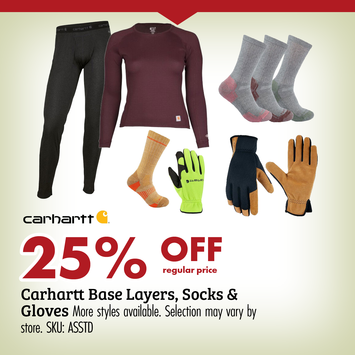 25% OFF regular price Carhartt Baser Layers, Socks & Gloves More styles available. Selection may vary by store. SKI: ASSTD