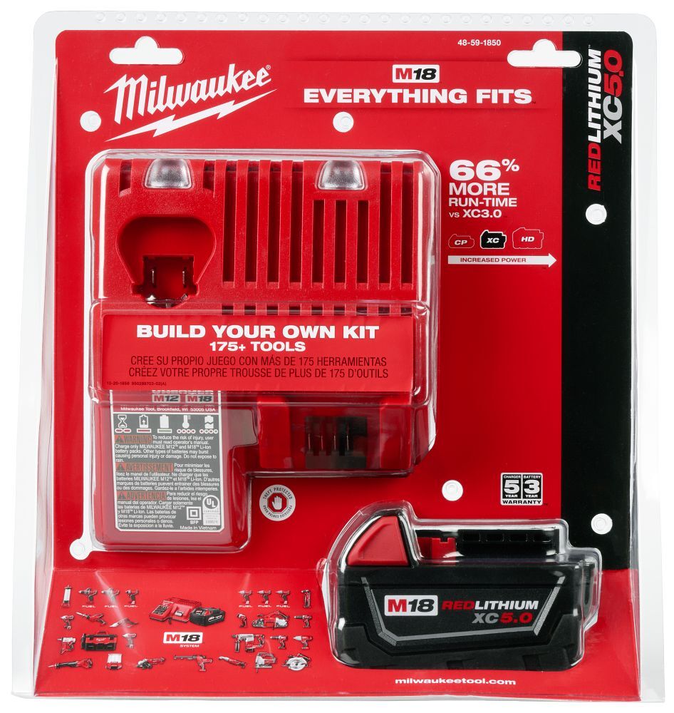 Milwaukee M18 RedLithium XC5.0 Battery & Charger Starter Kit, 5-Ah