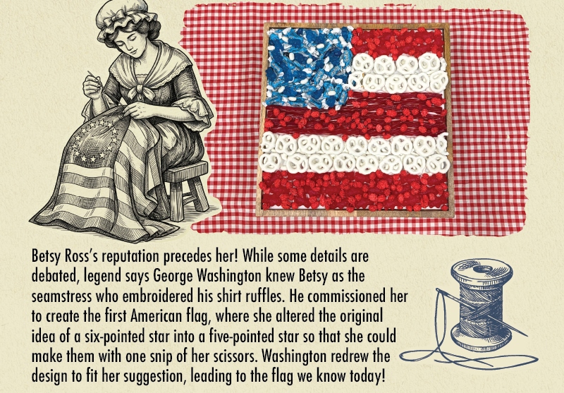 Betsy Ross BETSY'S FIVE-LAYER FLAG CANDY CHARCUTERIE Betsy Ross's reputation precedes her! While some details are debated, legend says George Washington knew Betsy as the seamstress who embroidered his shirt ruffles. He commissioned her to create the first American flag, where she altered the original idea of a six-pointed star into a five-pointed star so that she could make them with one snip of her scissors. Washington redrew the design to fit her suggestion, leading to the flag we know today!