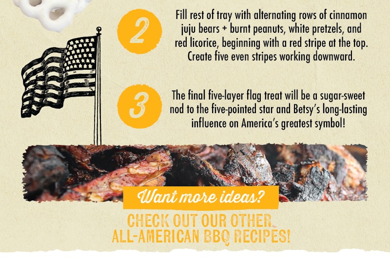  2 3 Fill rest of tray with alternating rows of cinnamon juju bears + burnt peanuts, white pretzels, and red licorice, beginning with a red stripe at the top. Create five even stripes working downward. Want more ideas? CHECK OUT OUR OTHER ALL AMERICAN RECIPIES!